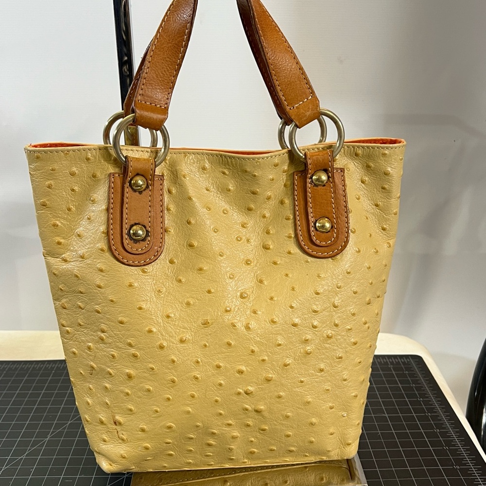 Maurizio Taiuti Stylish Modern Yellow Brown Texured LeatherTote 11in X9.5
